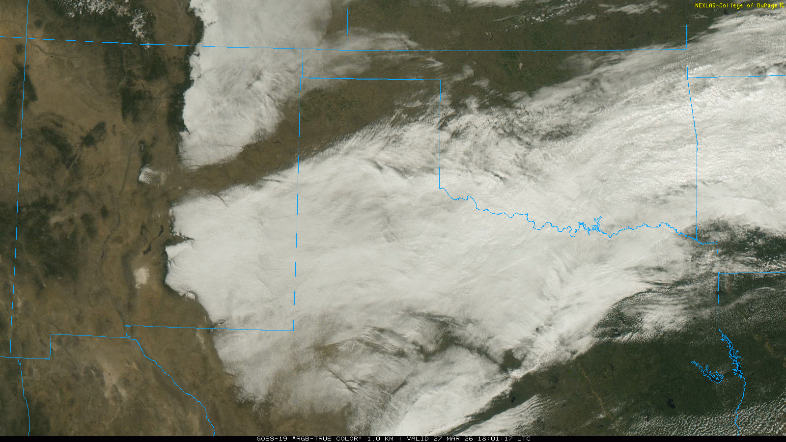 "RGB-True Color" satellite animation valid from 1:01 pm to 2:56 pm on Friday (27 March 2026).