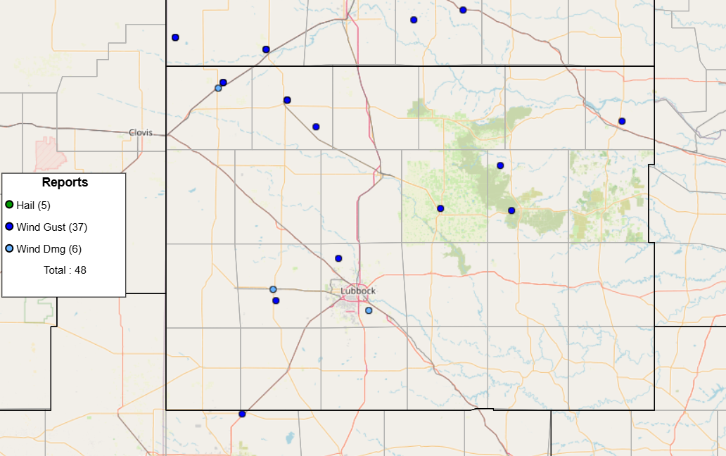 Severe storm reports plotted for Thursday (14 May 2026). The image is courtesy of the Storm Prediction Center (SPC). 