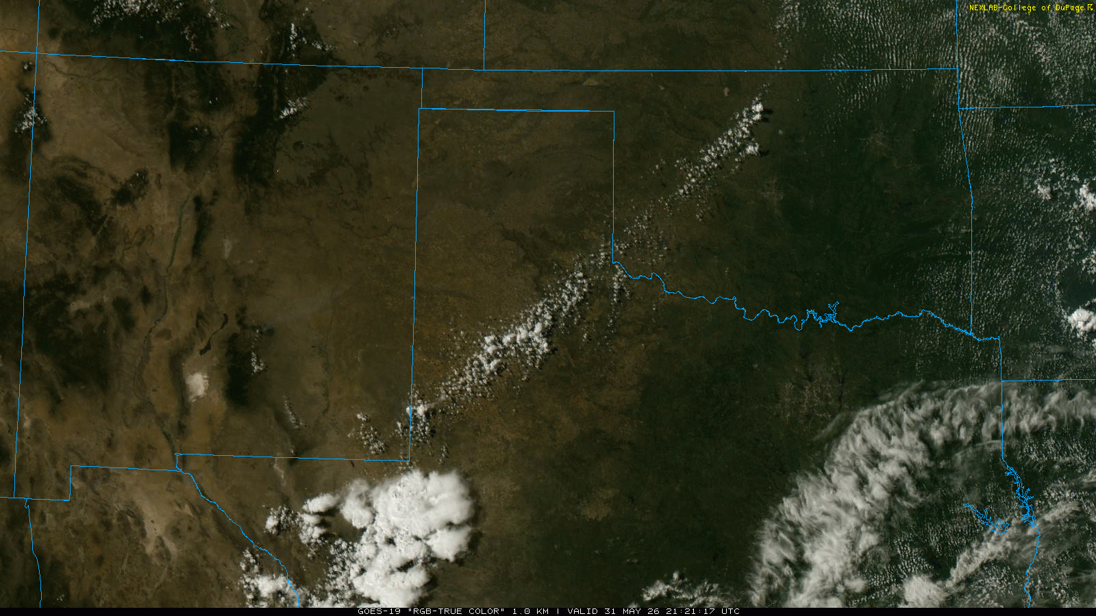 "RGB-True Color" satellite loop valid from 4:21 pm to 7:56 pm on Sunday (31 May 2026).