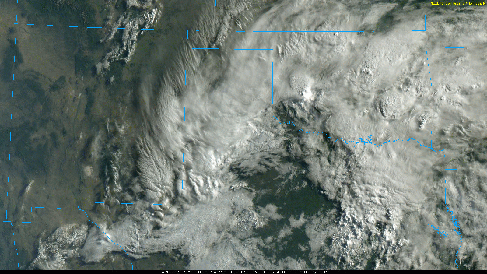 "RGB-True Color" satellite loop valid from 8:01 am to 12:51 pm on Saturday (6 June 2026).