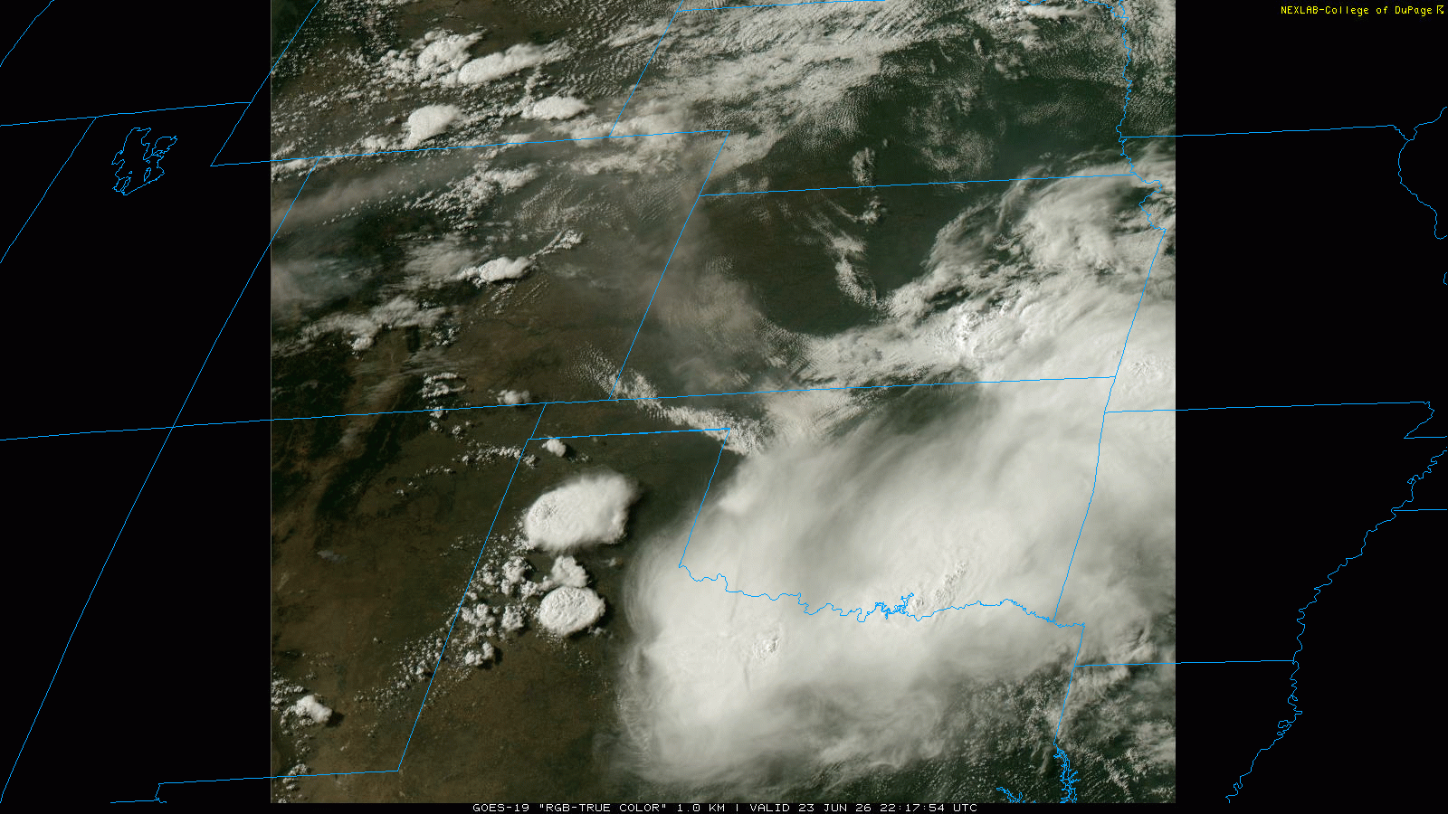 "RGB-True Color" satellite loop valid from 6:17 pm to 6:56 pm on Tuesday (23 June 2026).
