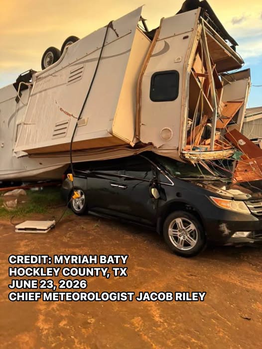 Thunderstorm wind damage that occurred near Sundown on Tuesday. The image is courtesy of Myriah Baty, relayed by Jacob Riley.