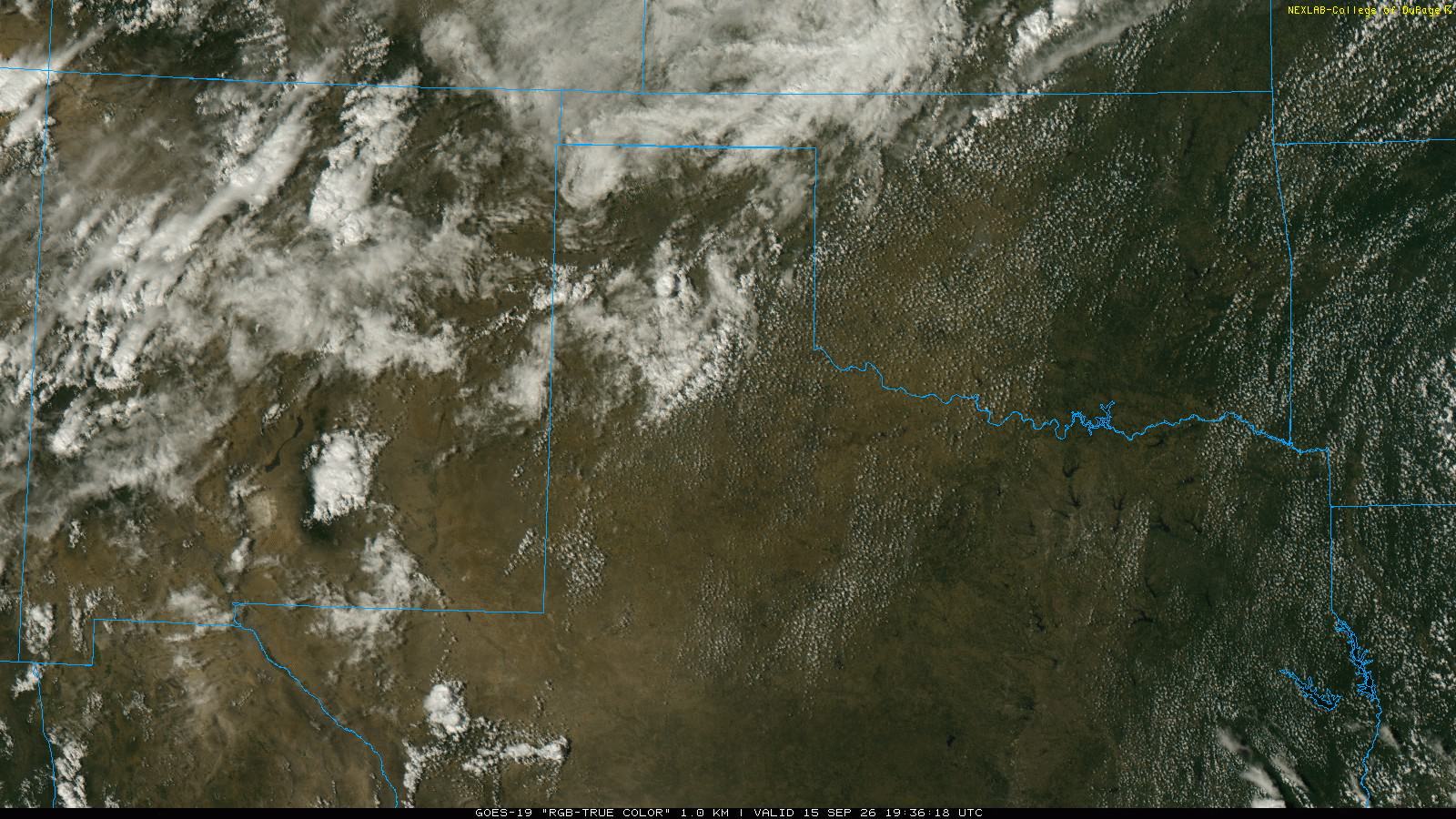 "RGB-True-Color" satellite loop valid from 2:36 pm to 6:56 pm on Tuesday (15 September 2026).